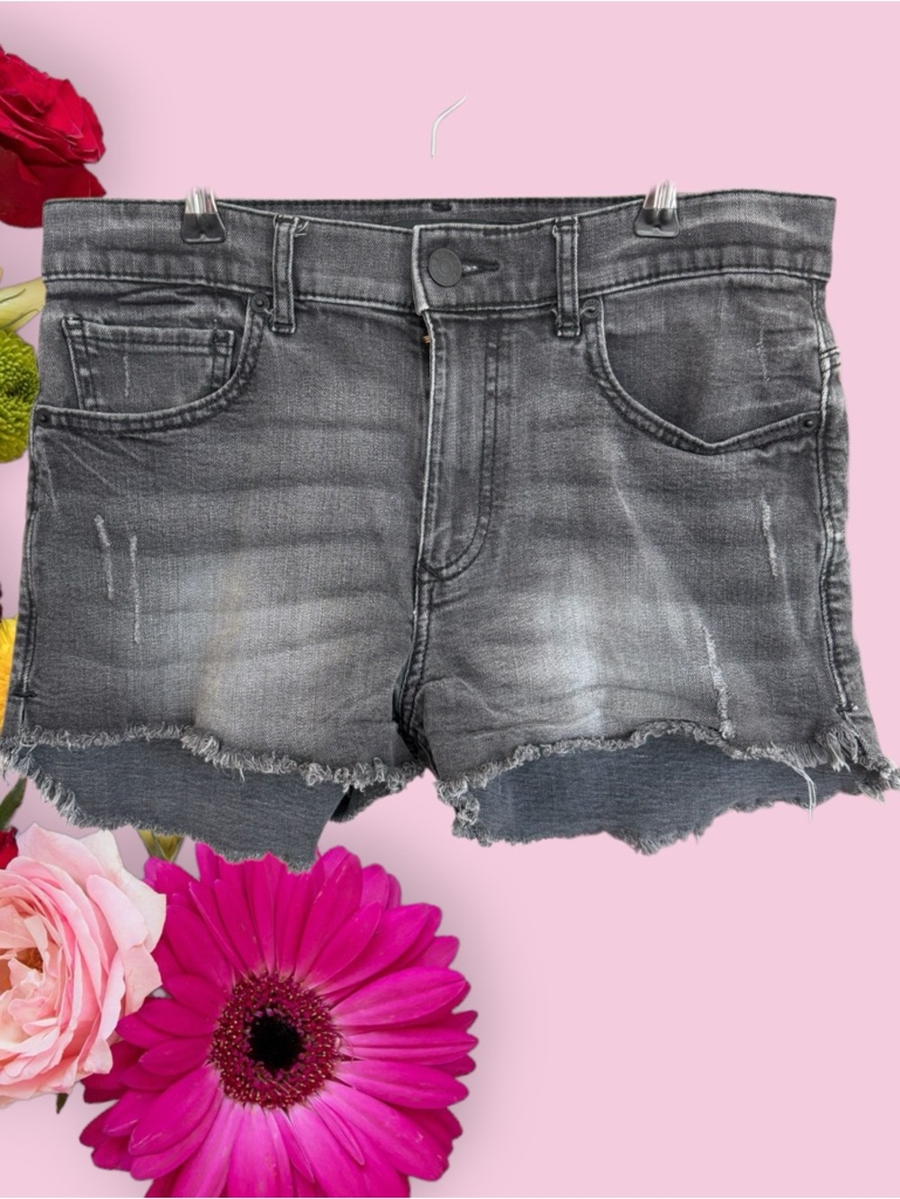 Express Shortie High-Rise Gray-Washed Distressed Frayed  Denim Jean Shorts